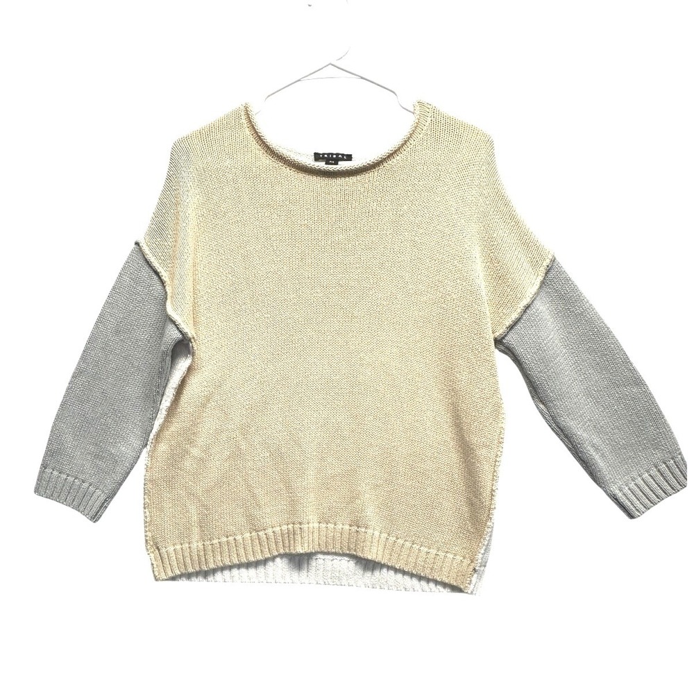 Tribal Colorblock Shaker Knit Sweater Tan Grey Cream P/S Relaxed Fit